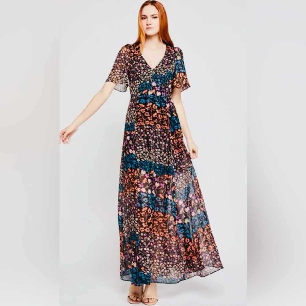 BCBGeneration Flutter Sleeve Jewel Tone Floral Metallic Open Back Maxi Dress ZB2